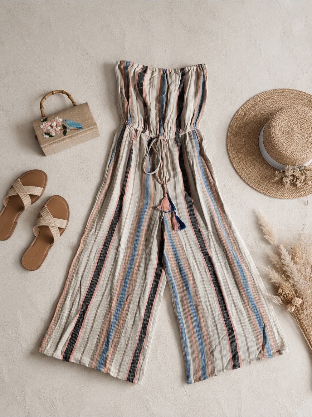 Elan Strapless Multi-Stripe Wide-Leg Jumpsuit in Cream, Blue, Pink, Black